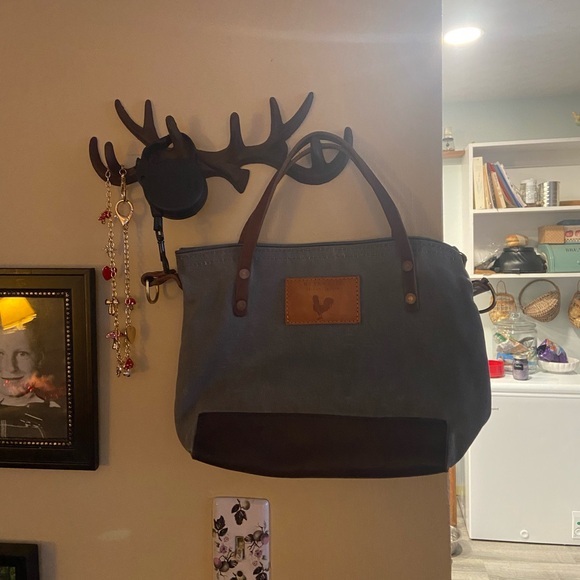 Meanwhile Back on the Farm Slate Blue Waxed Canvas Tote Rustic Casual Bag - Picture 9 of 9